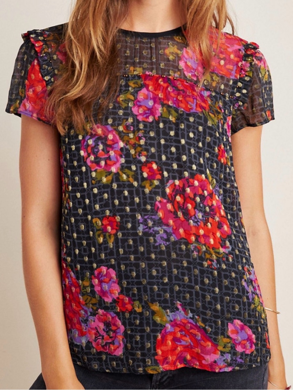 Anthropologie Fiorella Floral Metallic Gold Raffle Sleeves Blouse Size 6